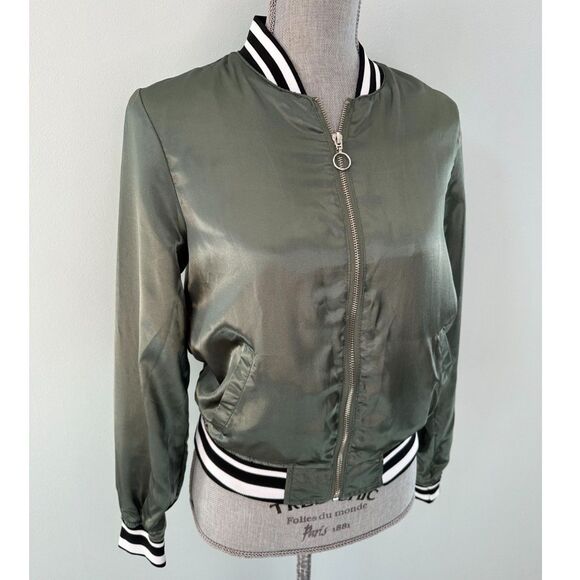 New Look Olive Green Satin Bomber with Striped Ribbed Trim Jacket size Small - Picture 4 of 8